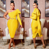 Ladies Fashion Slash Shoulder Single Long Sleeve Bow Ribbon Dress