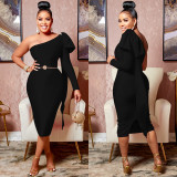 Ladies Fashion Slash Shoulder Single Long Sleeve Bow Ribbon Dress