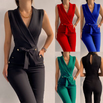 Spring/Summer Sexy Turndown Collar Sleeveless Bodysuit Slim Fashion Professional Jumpsuit