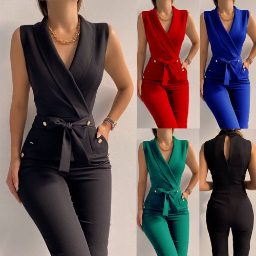 Spring/Summer Sexy Turndown Collar Sleeveless Bodysuit Slim Fashion Professional Jumpsuit