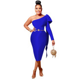 Ladies Fashion Slash Shoulder Single Long Sleeve Bow Ribbon Dress