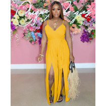 Suspender Hem Slit Fashion Jumpsuit Solid Casual One Piece