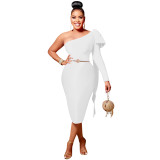 Ladies Fashion Slash Shoulder Single Long Sleeve Bow Ribbon Dress