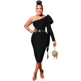 Ladies Fashion Slash Shoulder Single Long Sleeve Bow Ribbon Dress