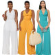 Summer Women'S Fashion Casual Solid Color Halter Lace-Up Backless Wide Leg Jumpsuit
