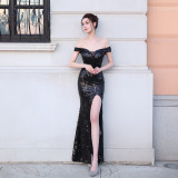 Fishtail Formal Party Elegant Chic Off Shoulder Slit Sequins Evening Dress
