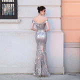 Fishtail Formal Party Elegant Chic Off Shoulder Slit Sequins Evening Dress