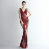 Elegant Positioning Flower Sequined Beaded Short-Sleeved Long Fishtail Evening Dress