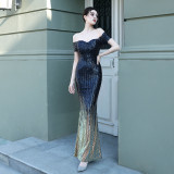 Sexy Off Shoulder Sequin Fishtail Long Dress Mermaid Evening Dress