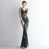 Elegant Positioning Flower Sequined Beaded Short-Sleeved Long Fishtail Evening Dress