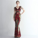 Elegant Positioning Flower Sequined Beaded Short-Sleeved Long Fishtail Evening Dress