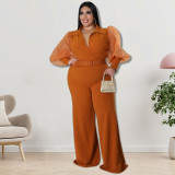Plus Size Women Lapel Mesh Long Sleeve Jumpsuit with Belt