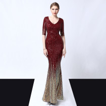 Women Sequins Long Banquet Slim Fishtail Elegant  Evening Dress