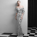 Women Elegant Off Shoulder Half Sleeve Sequins Party Evening Dress