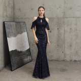 Women Elegant Long  Short Sleeve Sequins Fishtail Evening Dress