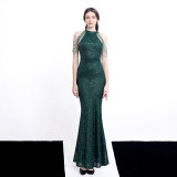 Women Elegant Long Halter Sequins Fishtail Evening Dress