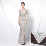 Women Elegant Long Sleeve Sequins Fishtail Evening Dress