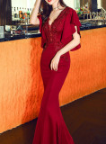 Women Elegant Lace Ruffles Short Sleeve Slim Fit Mermaid Evening Dress