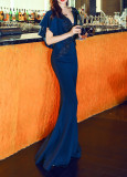 Women Elegant Lace Ruffles Short Sleeve Slim Fit Mermaid Evening Dress