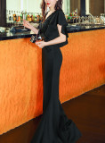 Women Elegant Lace Ruffles Short Sleeve Slim Fit Mermaid Evening Dress