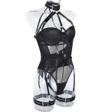 Women Sexy Bodysuit Mesh Straps Patchwork Halter Neck With Leg Rings Lingerie