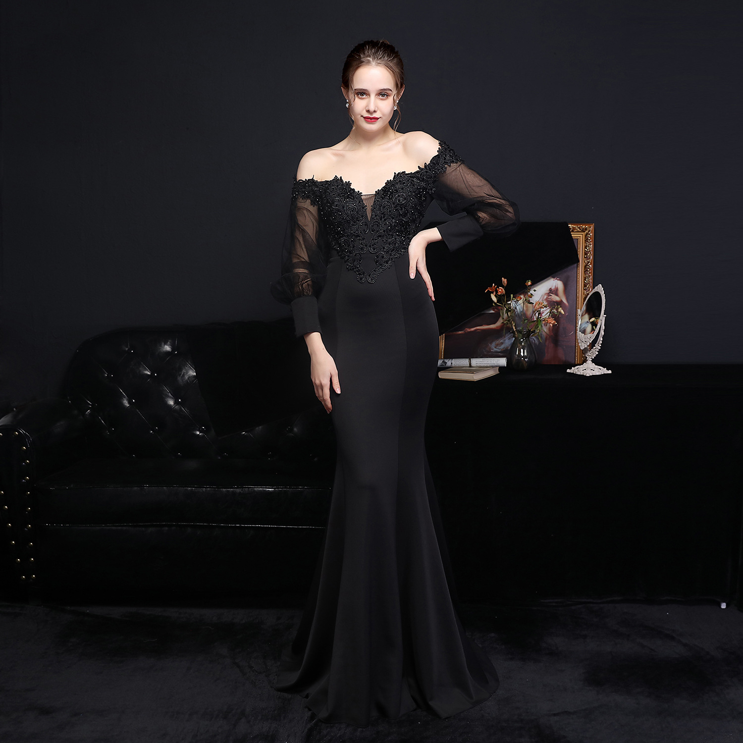 Women Elegant Lace Off Shoulder Mesh Long Sleeve Trail Evening Dress