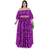 Plus Size Women Fall Off Shoulder Long Sleeve Dress with Belt
