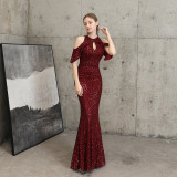 Women Elegant Long  Short Sleeve Sequins Fishtail Evening Dress