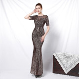 Women Elegant Long Sleeve Sequins Fishtail Evening Dress