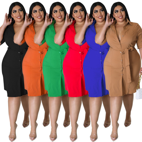 Plus Size Women Fall Solid Short Sleeve Shirt Dress