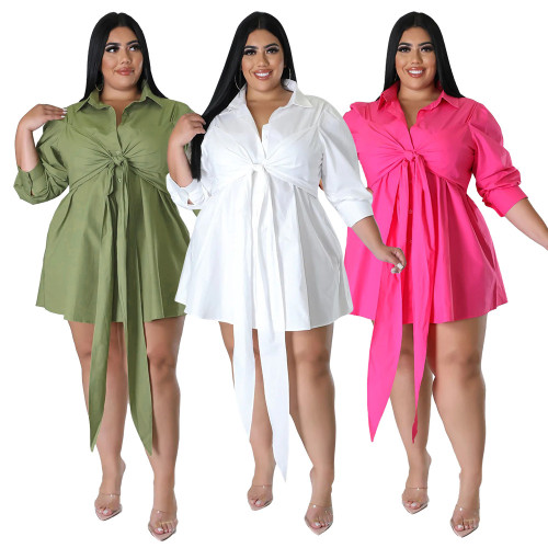 Plus Size Women Sexy Solid Tie Long Sleeve Shirt Dress