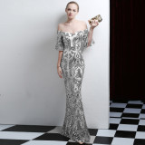 Women Elegant Off Shoulder Half Sleeve Sequins Party Evening Dress