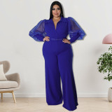 Plus Size Women Lapel Mesh Long Sleeve Jumpsuit with Belt