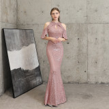 Women Elegant Long  Short Sleeve Sequins Fishtail Evening Dress