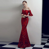 Women Elegant Off Shoulder Half Sleeve Sequins Party Evening Dress