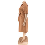 Plus Size Women Fall Solid Short Sleeve Shirt Dress