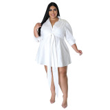 Plus Size Women Sexy Solid Tie Long Sleeve Shirt Dress