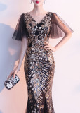 Women Gold Ladies Long Sequins Evening Dress Banquet Mermaid Dress