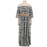 Plus Size Women Fall Off Shoulder Long Sleeve Dress with Belt