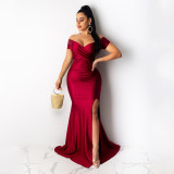 Women Short Sleeve French Sexy V-Neck Evening Dress solid Split Long Dress