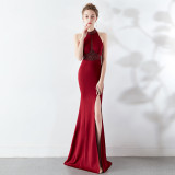 Women Elegant Sleeveless Fishtail Halter Party Evening Dress