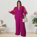 Plus Size Women Lapel Mesh Long Sleeve Jumpsuit with Belt