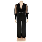 Plus Size Women Lapel Mesh Long Sleeve Jumpsuit with Belt