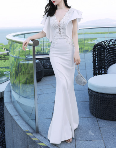 Women Elegant Lace Ruffles Short Sleeve Slim Fit Mermaid Evening Dress