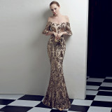 Women Elegant Off Shoulder Half Sleeve Sequins Party Evening Dress
