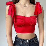Women Off Shoulder Pleated Sexy Tie Crop Top