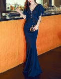 Women Elegant Lace Ruffles Short Sleeve Slim Fit Mermaid Evening Dress