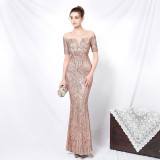 Women Elegant Long Sleeve Sequins Fishtail Evening Dress