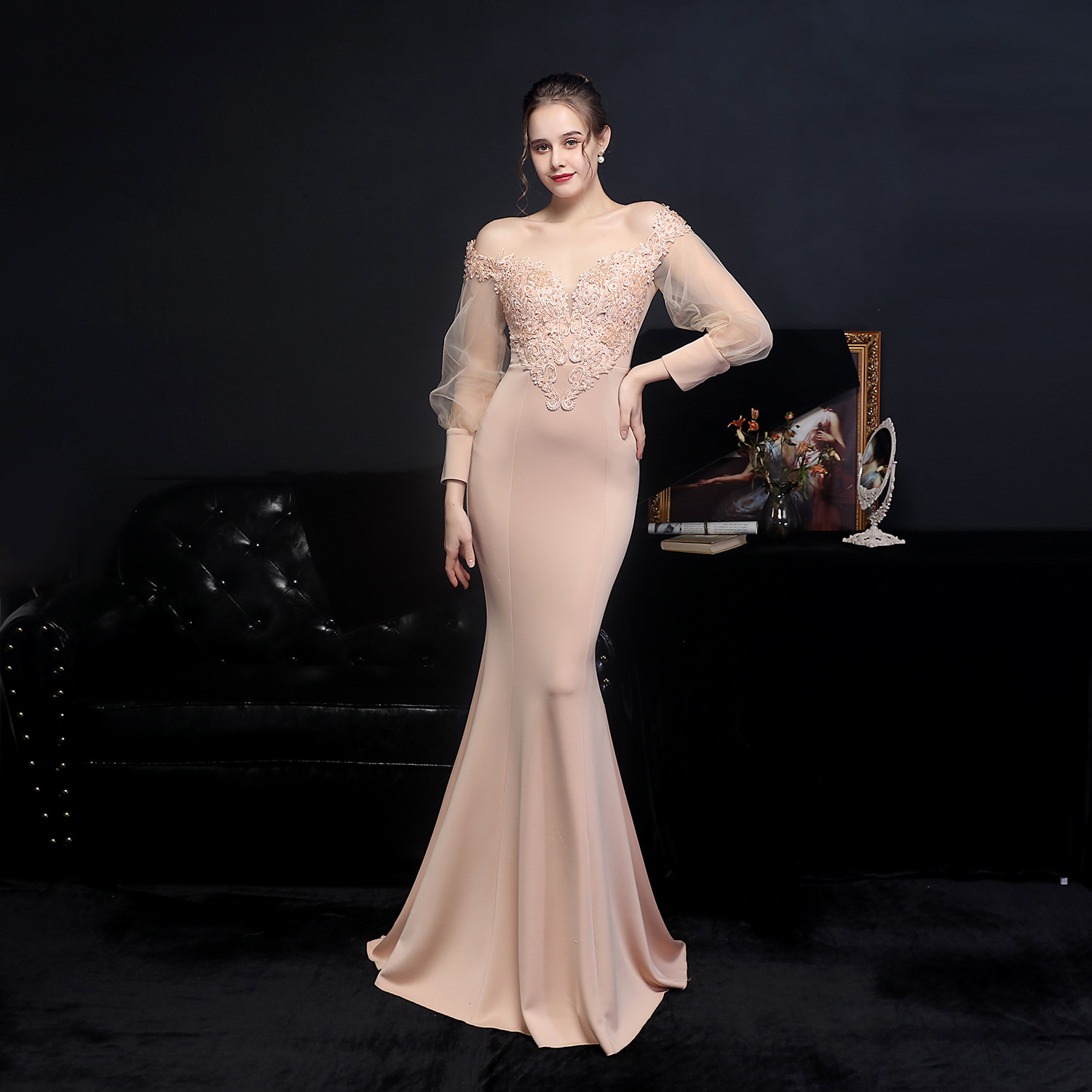 Women Elegant Lace Off Shoulder Mesh Long Sleeve Trail Evening Dress