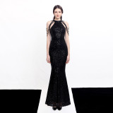 Women Elegant Long Halter Sequins Fishtail Evening Dress